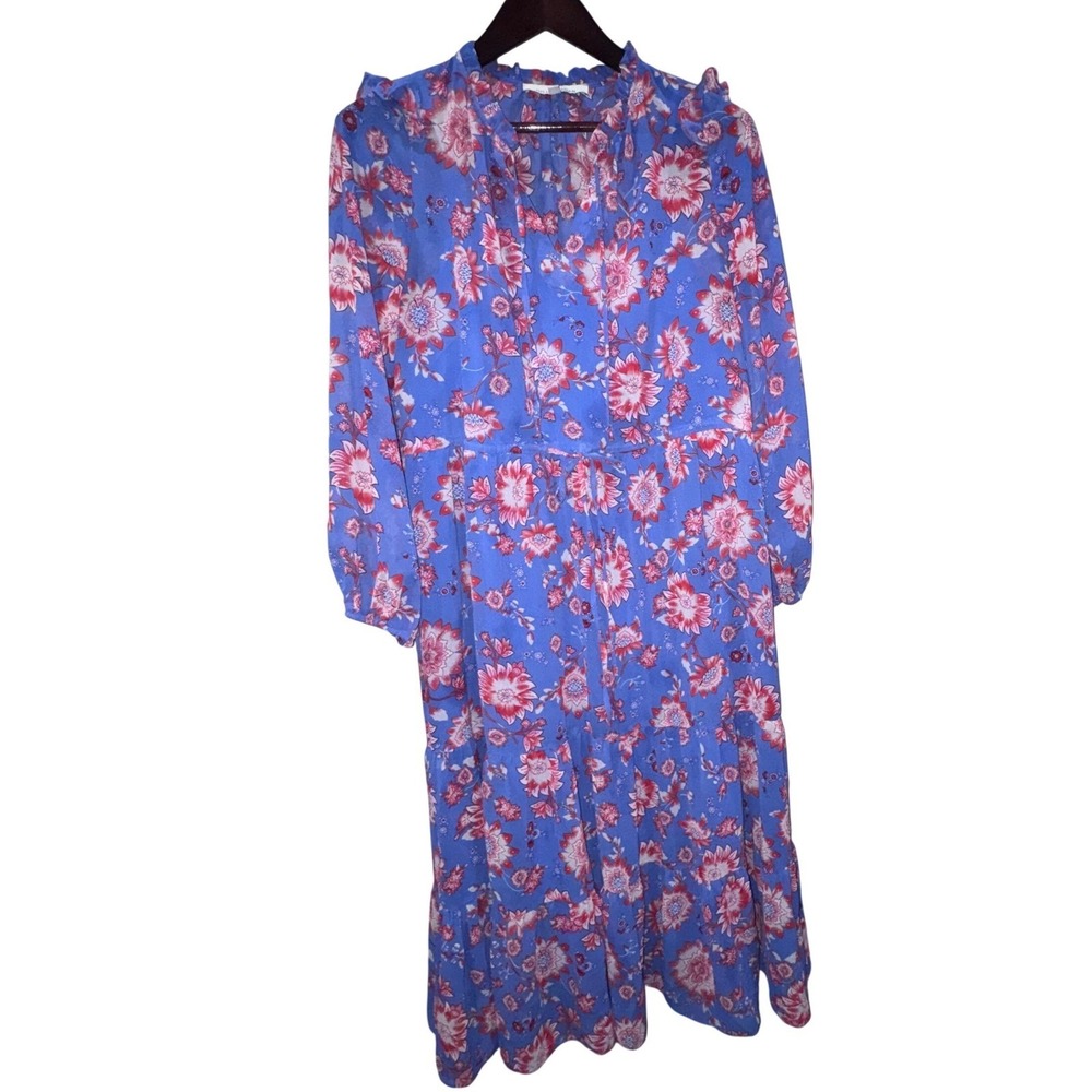 Julia Jordan Floral Tiered Midi Dress Womens 10 Blue Red JJ38456 Excellent Boho